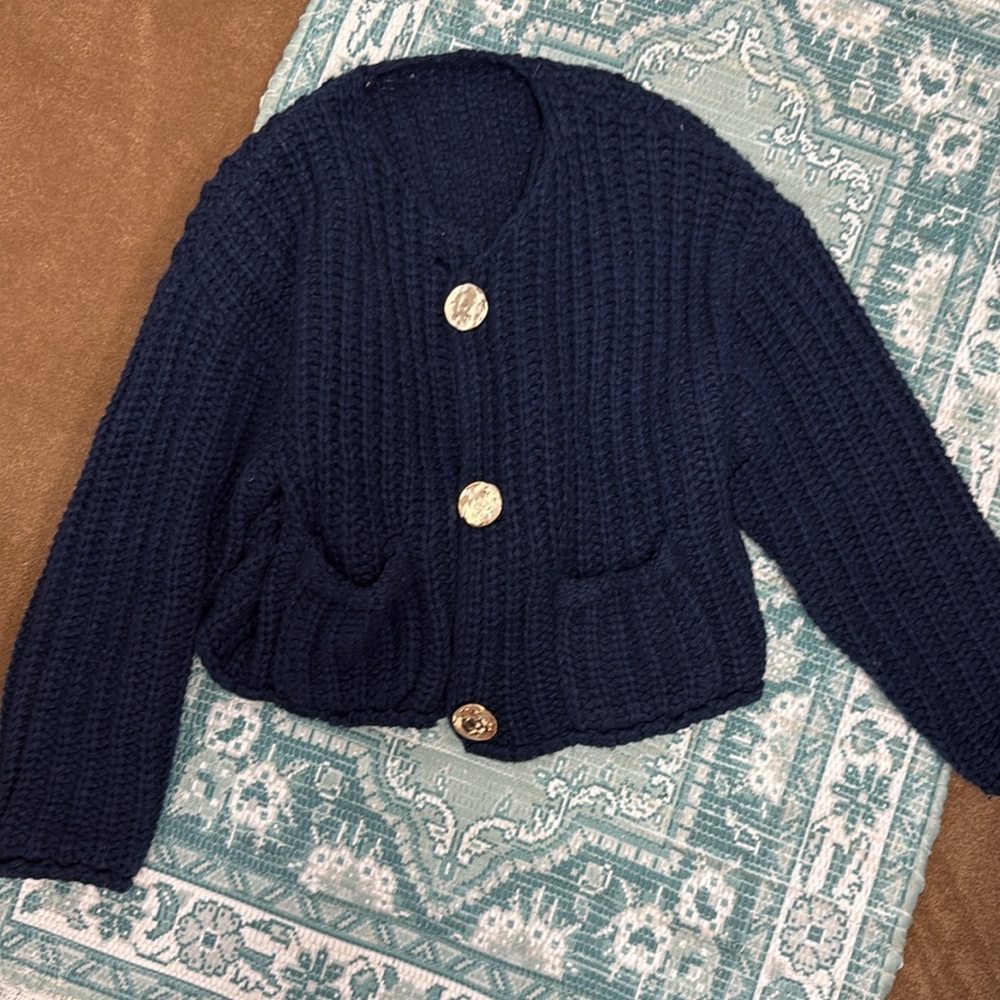 Influencer Chunky Knit Gold Button Cardigan Sweater SZ L - Picture 4 of 5